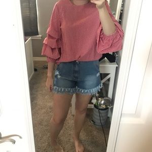Gingham top with ruffle sleeves from Target.